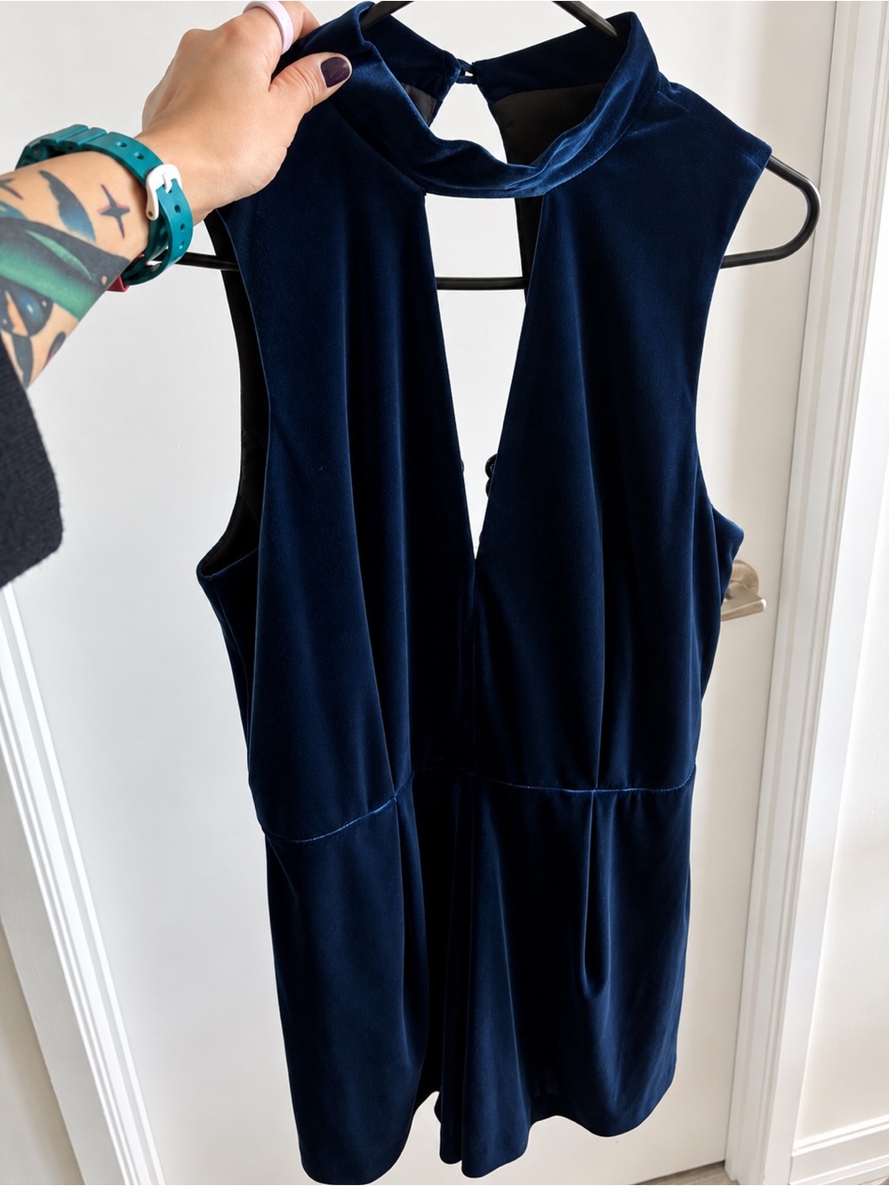 Topshop Navy Velvet Romper with Lace Back – Size US 8